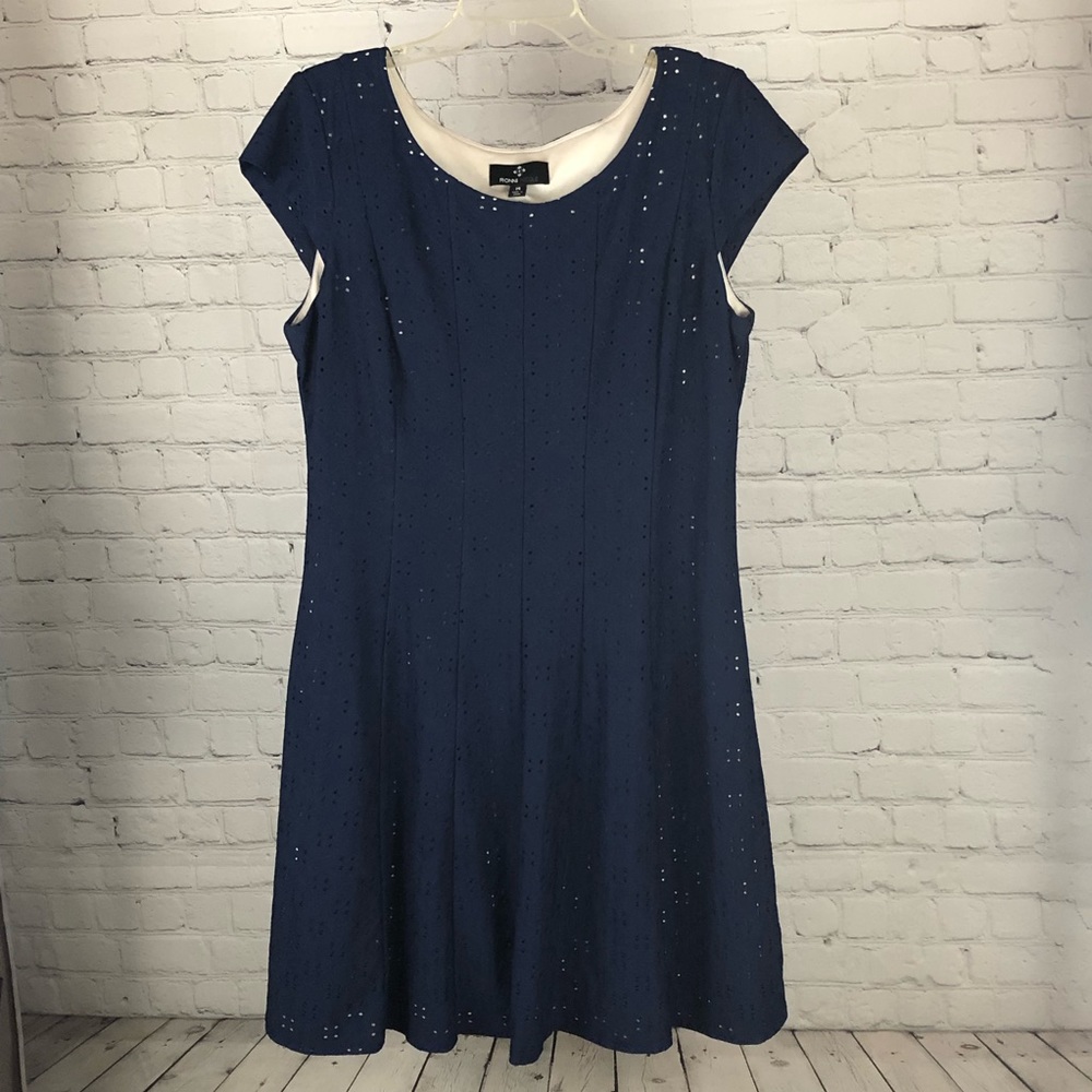 DRESS - Women's Ronni Nicole navy blue eyelet A-line midi dress. Size 14.